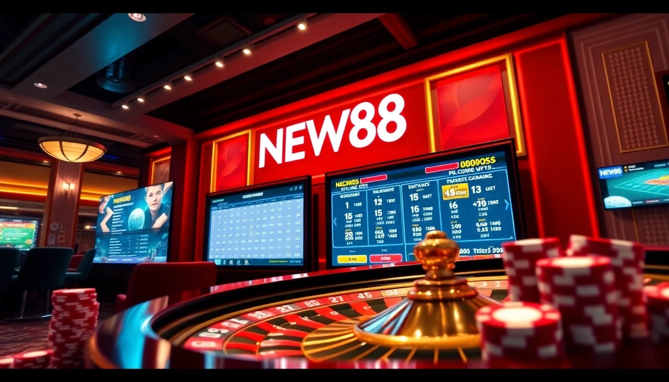Experience the thrills of NEW88 with a dynamic online casino scene featuring poker chips and a roulette wheel.