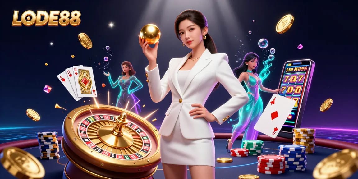 Experience thrill with LODE88, showcasing a glamorous roulette scene amidst dynamic casino elements.