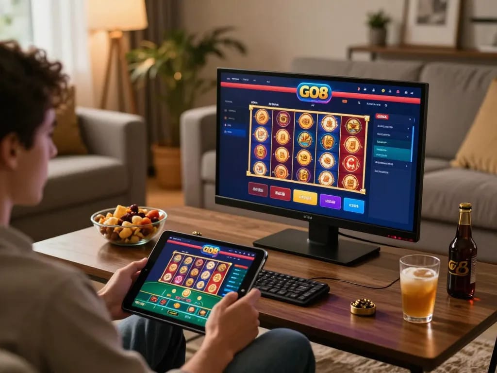 Player engaging in GO8 online casino gaming on a tablet in a cozy atmosphere.
