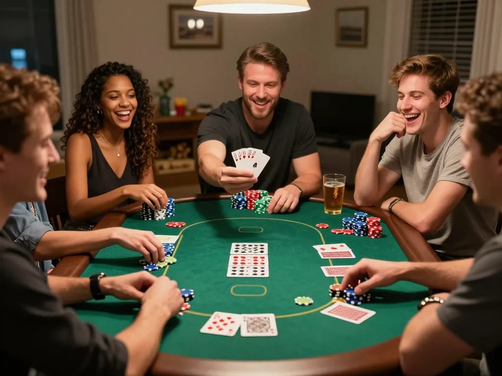 Friends celebrating a winning hand at home poker night, showcasing engaging gameplay and camaraderie with jagoan86.