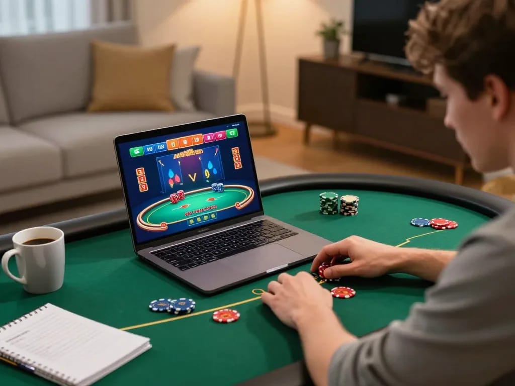 Kuwin player engaged in strategic online gambling with a laptop, showcasing poker gameplay