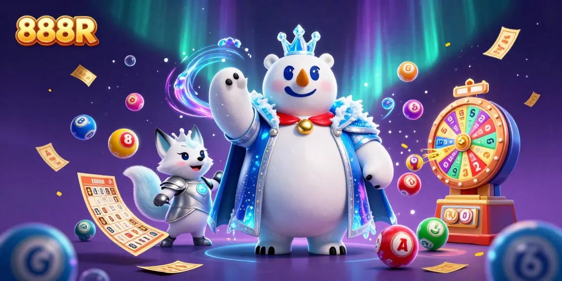 Join the excitement at 888R with vibrant casino elements swirling around royal characters.