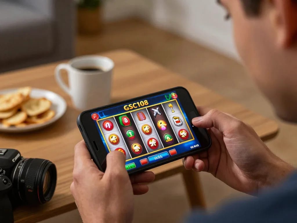 Pemain menikmati slot mobile di Gsc108, menyoroti layar yang cerah dan suasana santai