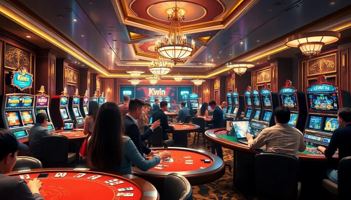 Kkwin players celebrate wins at a luxurious casino with vibrant gaming tables and slot machines.