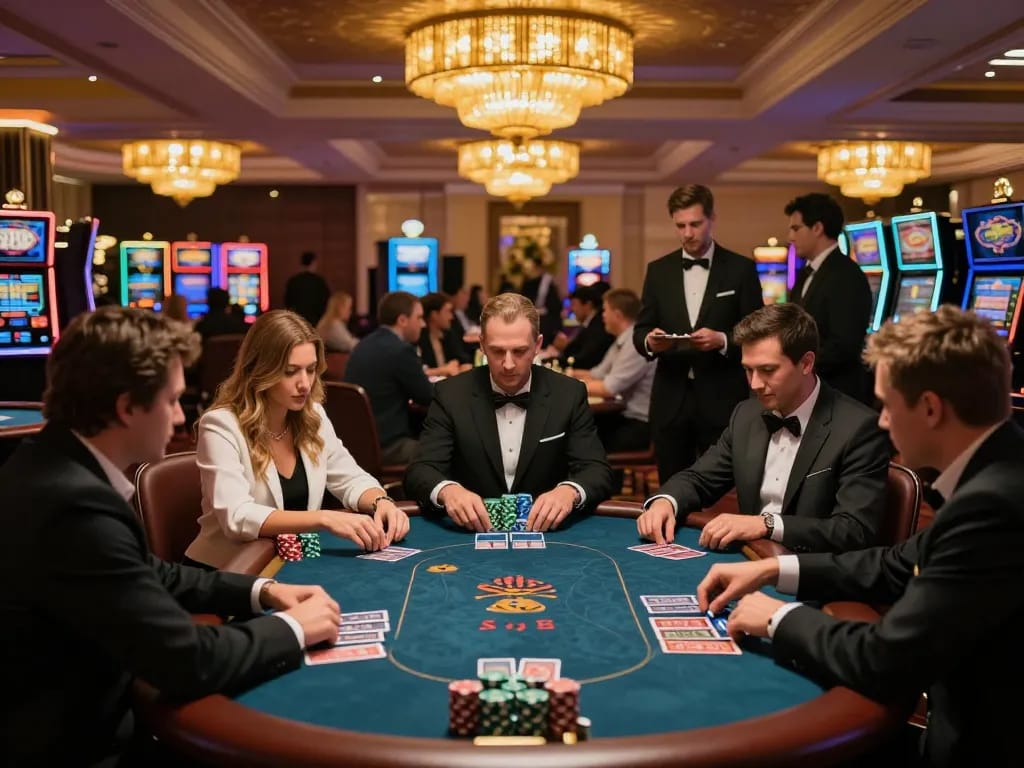 Players engaging in strategic poker gameplay at bk8 casino, showcasing vibrant atmosphere and competitive energy