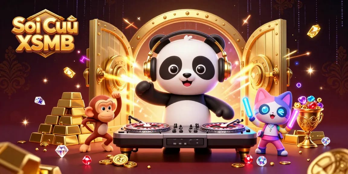 Soi Cầu XSMB illustration featuring a DJ panda and dancing characters celebrating casino winnings.