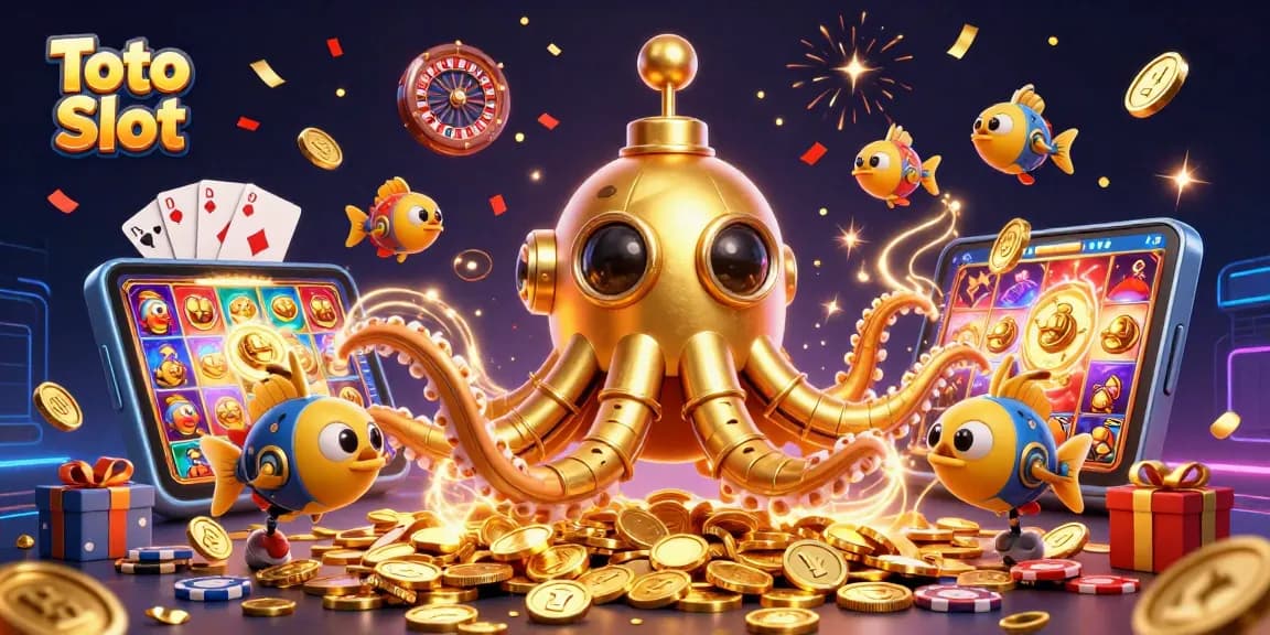 Spin and win with Toto Slot, featuring a golden kraken submarine among vibrant casino elements.