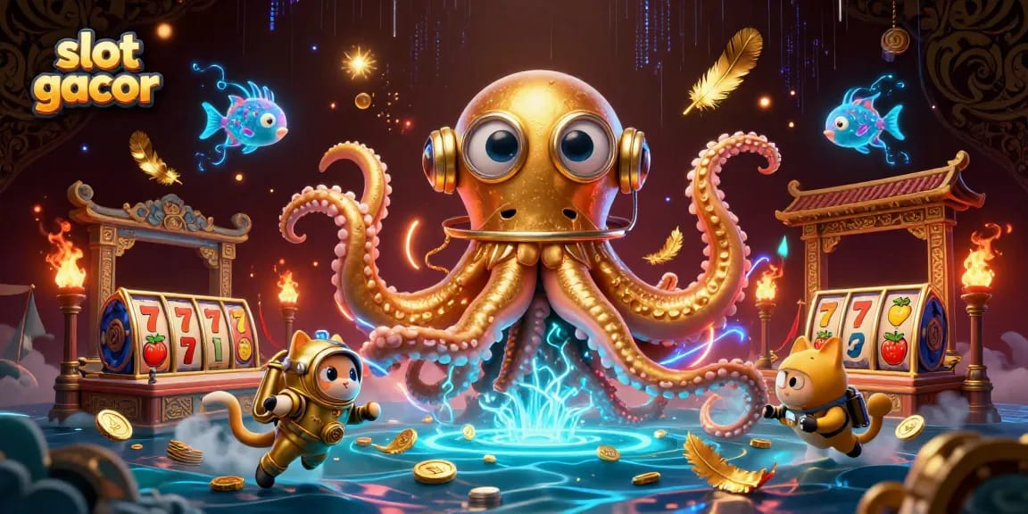 Experience the thrill of slot gacor with a whimsical scene featuring a kraken and diving cat in a vibrant casino world.