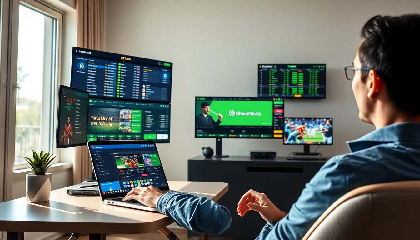 Engaging online betting experience at https://nhacaiuytin.us.com/ with multiple screens showing game interfaces and betting odds.