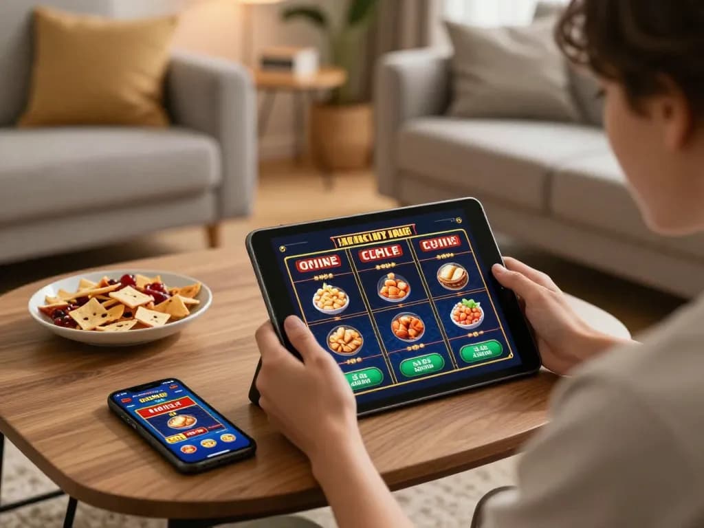 Suasana perjudian online 88Pulsa dengan pemain yang menikmati slot di tablet di ruang tamu yang nyaman.