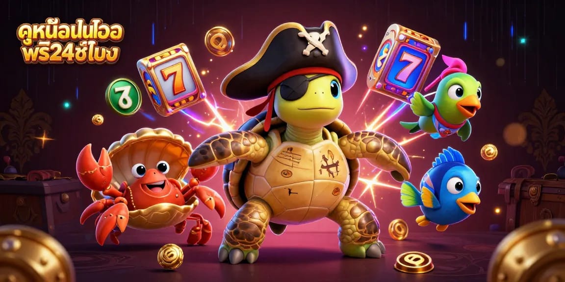 Spin and win with ดูหนังออนไลน์ฟรี24ชั่วโมง, a vibrant 3D scene featuring a pirate turtle surrounded by colorful slot machines.