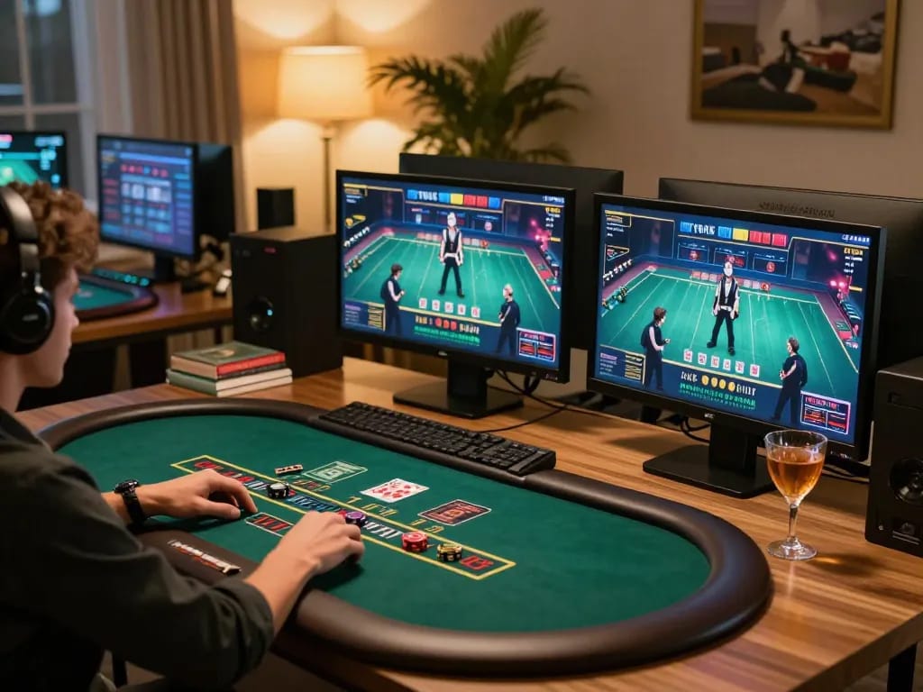 Engaging in live dealer blackjack on g28tv from a stylish home office, showcasing a gaming setup.