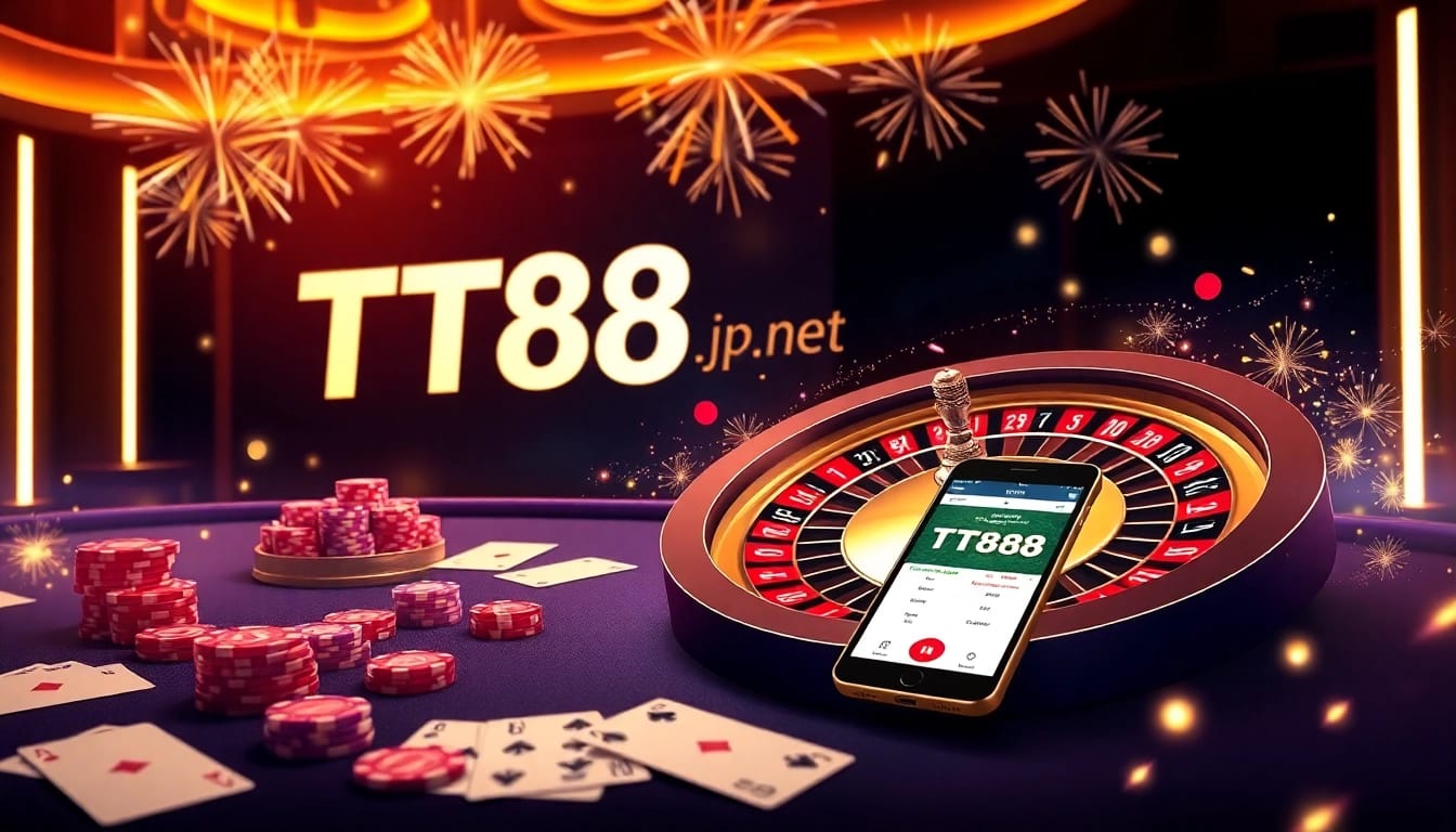 Experience thrilling online gambling at tt88.jp.net with a vibrant casino scene featuring poker chips and roulette.