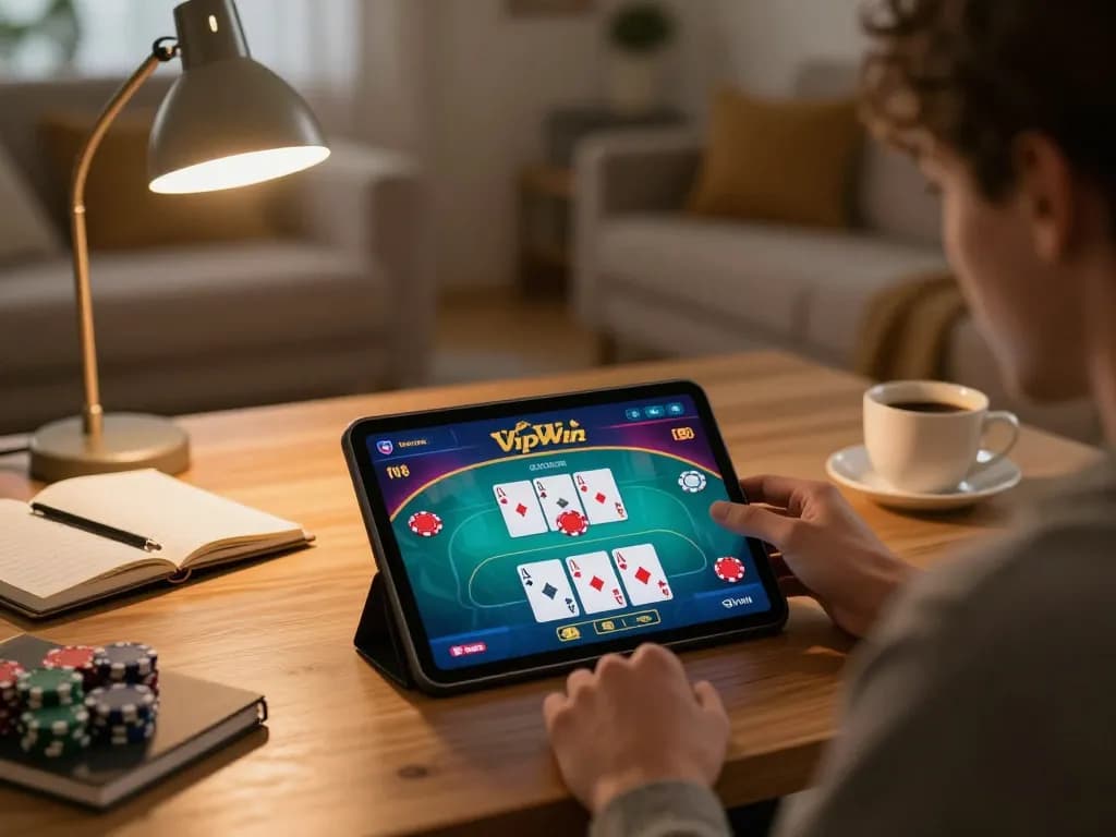 Playing poker online at Vipwin with an engaging tablet interface in a cozy home setting.