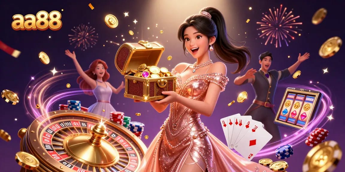 Join the excitement at aa88, where a stunning Asian woman celebrates casino wins with a treasure chest full of gems.
