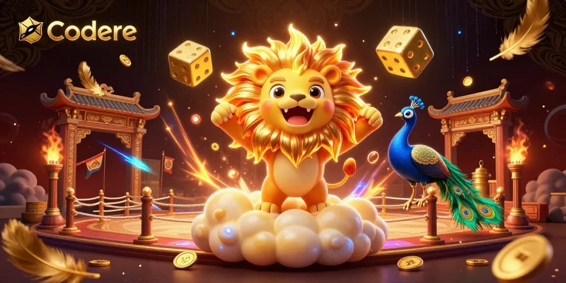 Experience the thrill of Codere online casino with a lively 3D illustration, featuring a triumphant sun lion amidst dynamic golden casino elements.