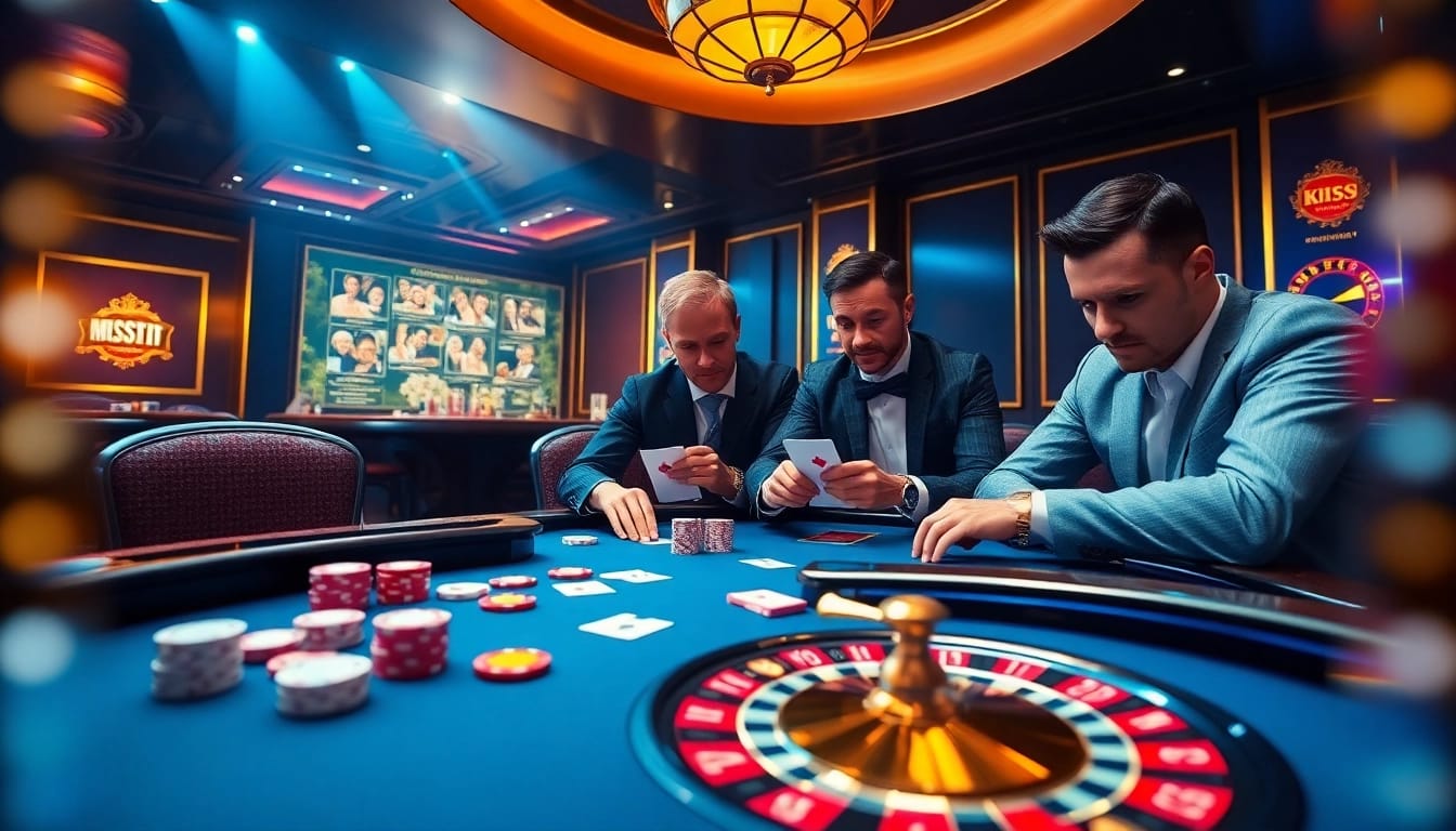 KJC poker table in a luxury casino featuring excited players and vibrant chips.