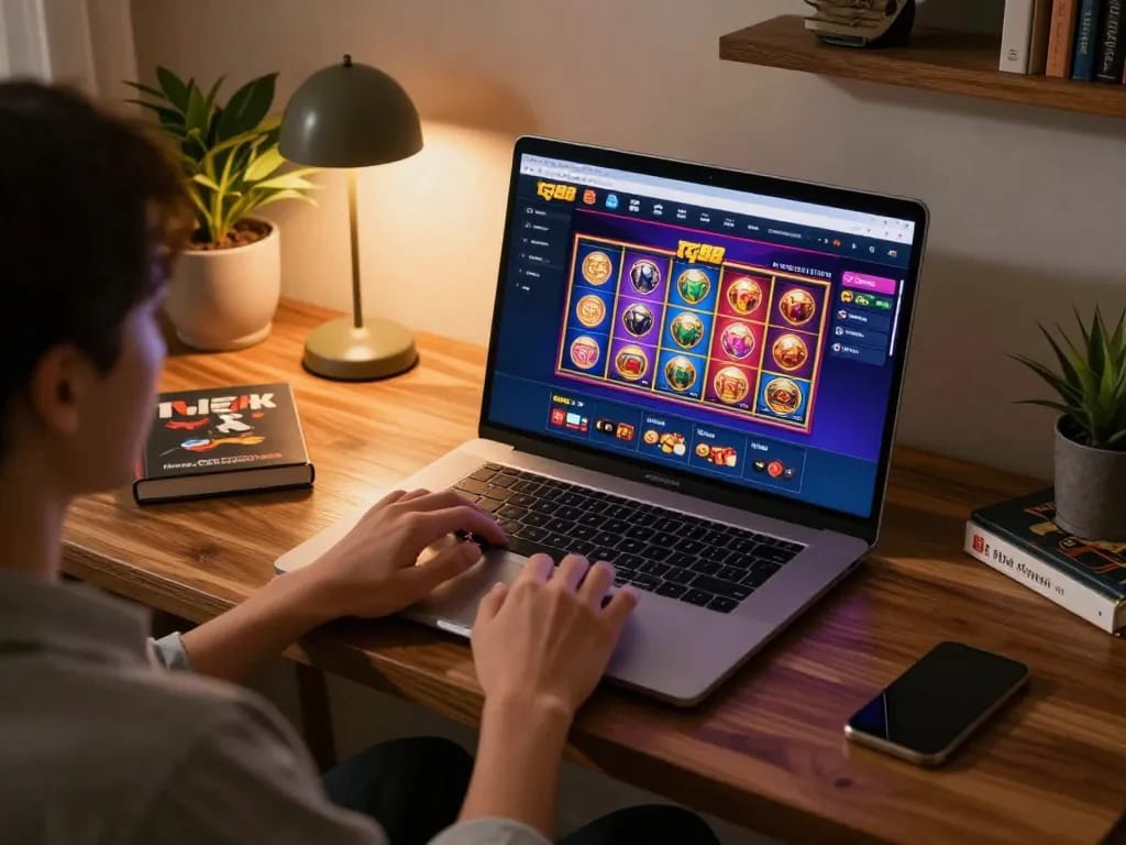 Engaging online gambling with tg88 casino setup on laptop in cozy home environment