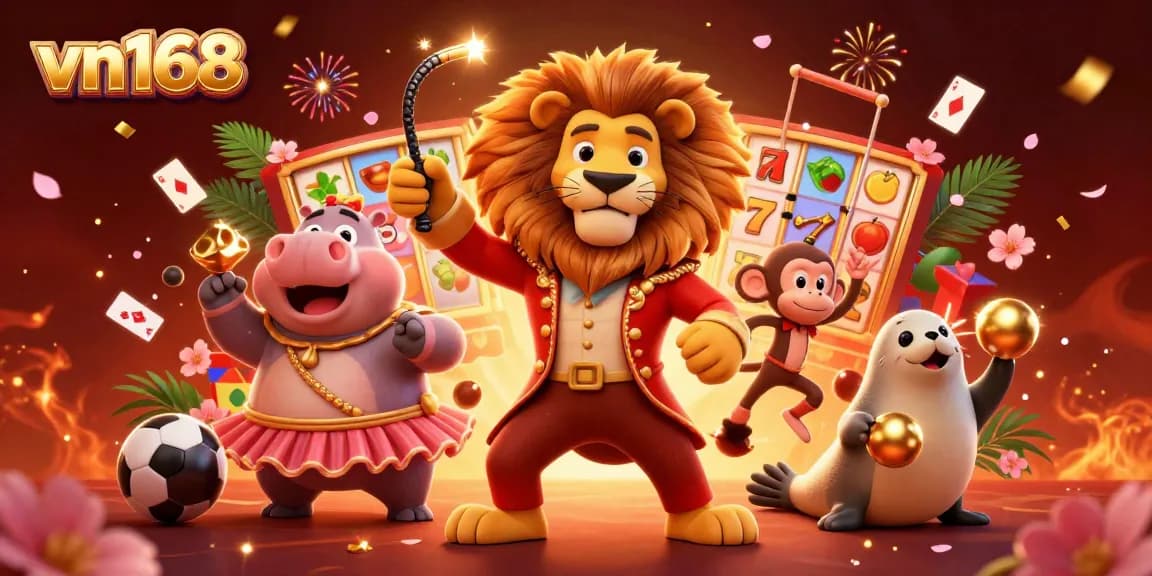 Engage with exciting games at vn168, where a lion ringmaster and friends celebrate casino fun!