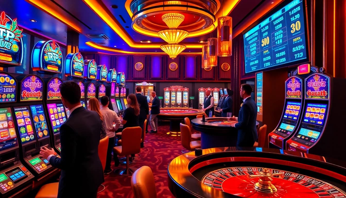 Players engaging with RTP Live slots in a vibrant casino scene filled with excitement and luxury.
