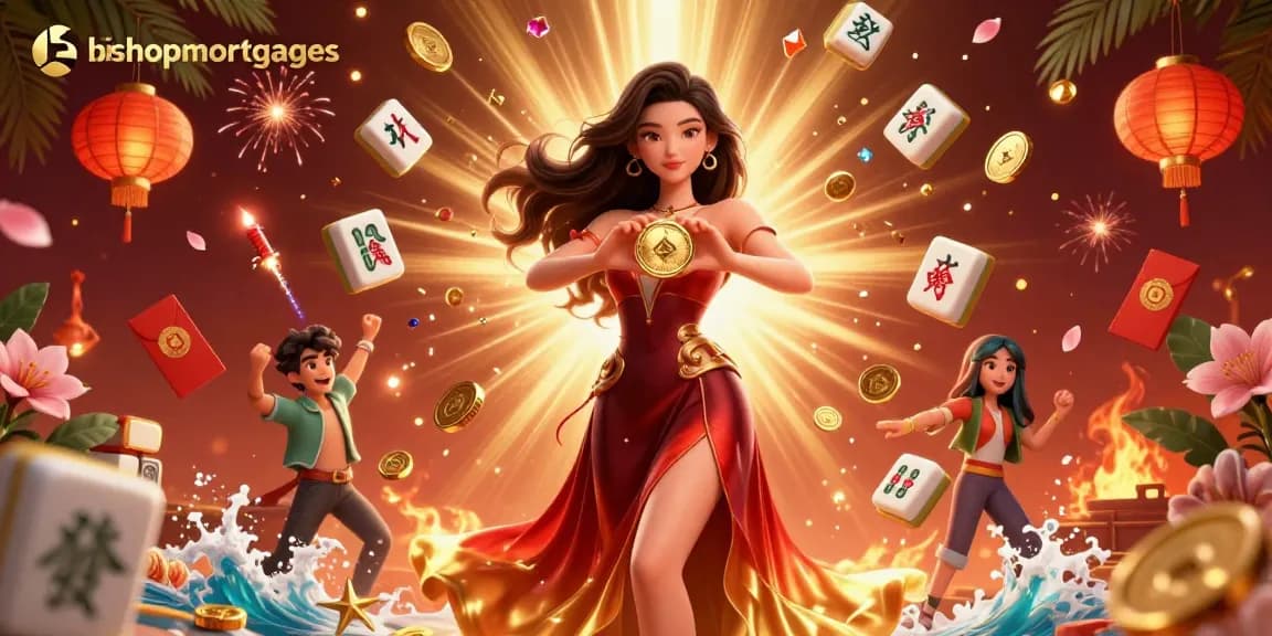 Experience the excitement at bishopmortgages with a captivating Asian casino scene featuring golden coins and mahjong tiles.