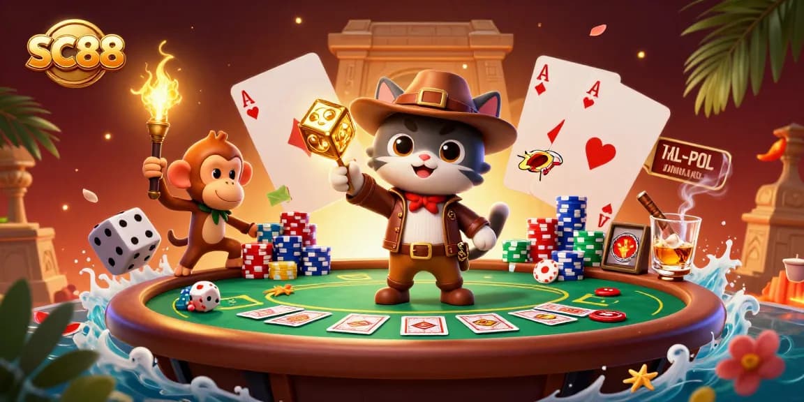 Experience the thrill of SC88 with an archaeologist cat uncovering casino artifacts amidst vibrant gaming elements.