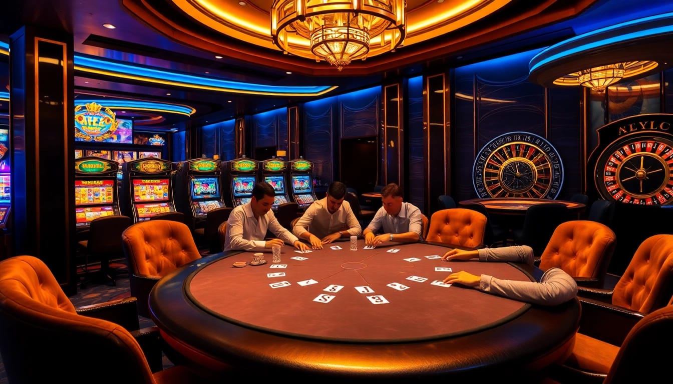 An engaging poker scene at a luxurious casino, capturing the thrill of online gambling trends in 2025 at https://hanoiculturetravel.com/.