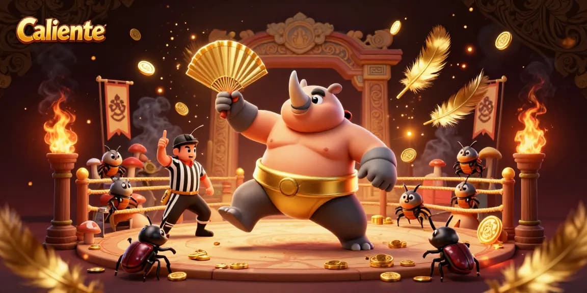 Caliente features a vibrant scene of a beetle champion amidst swirling coins, embodying gaming excitement.