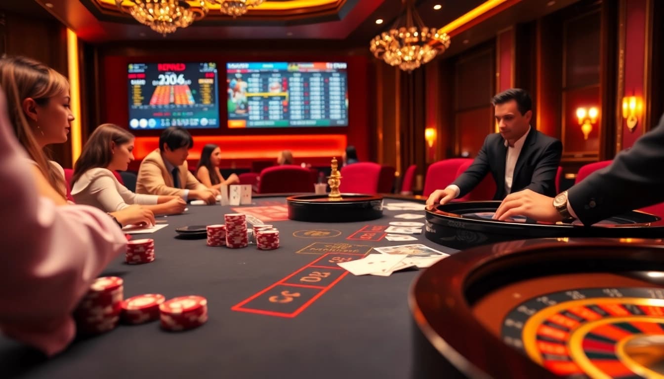Agen Judi Bola betting scene with poker chips, cards, and a roulette wheel in a luxury casino setting.