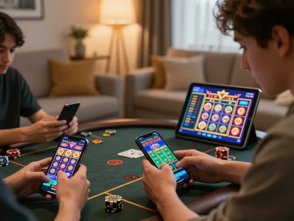 Engaged gamblers on mobile devices exploring situs gacor options for online betting and winning strategies.