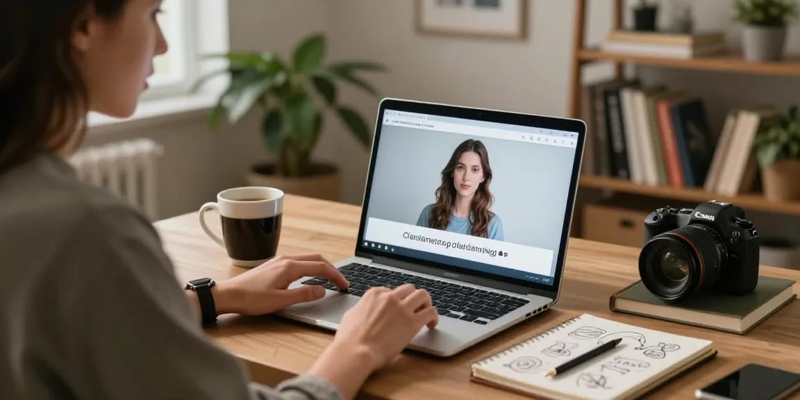 A user chatting with their AI girlfriend in a cozy home office, surrounded by books and plants, highlighting the blend of technology and personal connection.