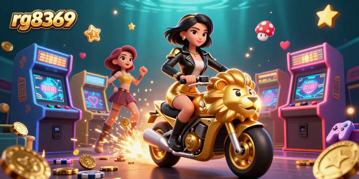 Experience thrilling gaming at rg8369 with a glamorous Asian woman riding a golden lion mascot in an animated casino scene.