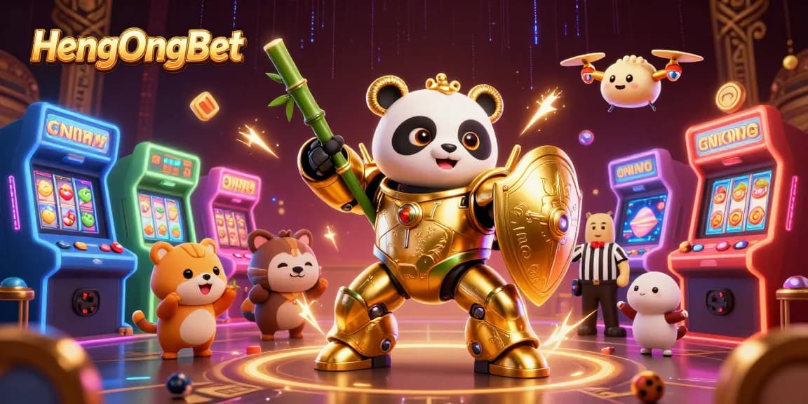 Engage in thrilling gameplay at HengOngBet with cartoon mech-suit panda and vibrant arcade elements