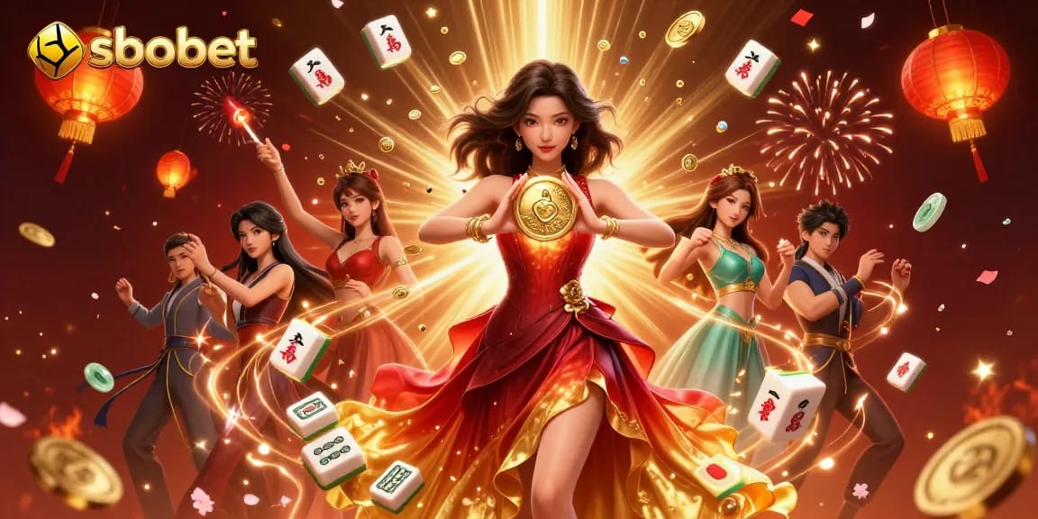 Sbobet promotes engaging betting experiences with a glamorous Asian woman holding coins amidst vibrant casino elements.