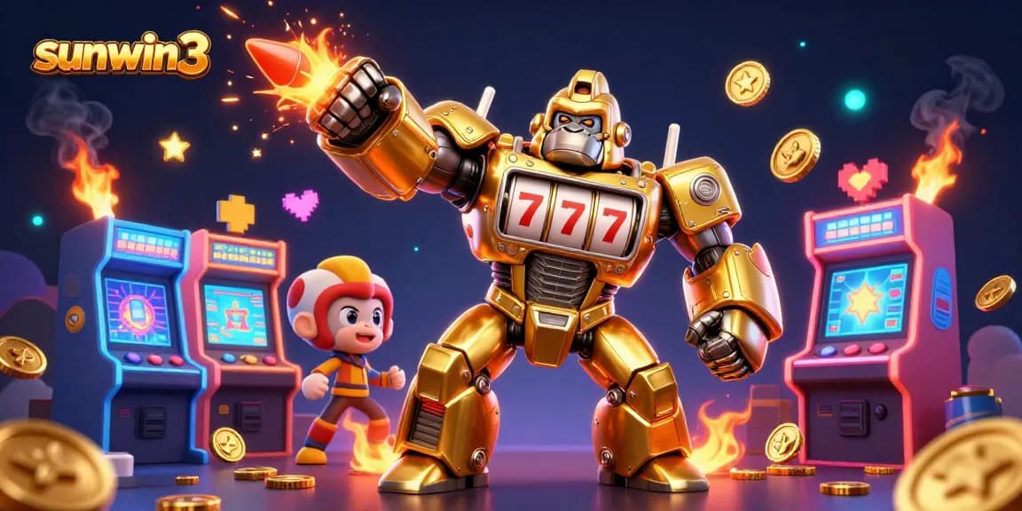 Experience sunwin3 with immersive 3D gaming action featuring a golden gorilla mech, engaging casino elements, and vivid arcade scenes