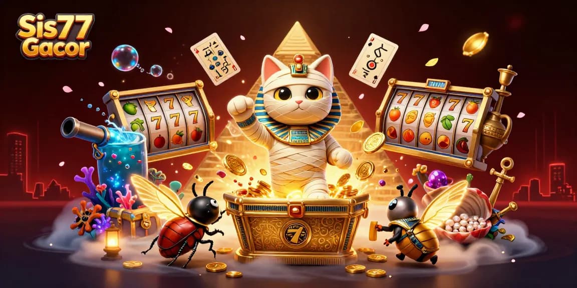 Sis77 Gacor: Kucing mummy dengan slot berputar dan simbol keberuntungan di kasino piramida