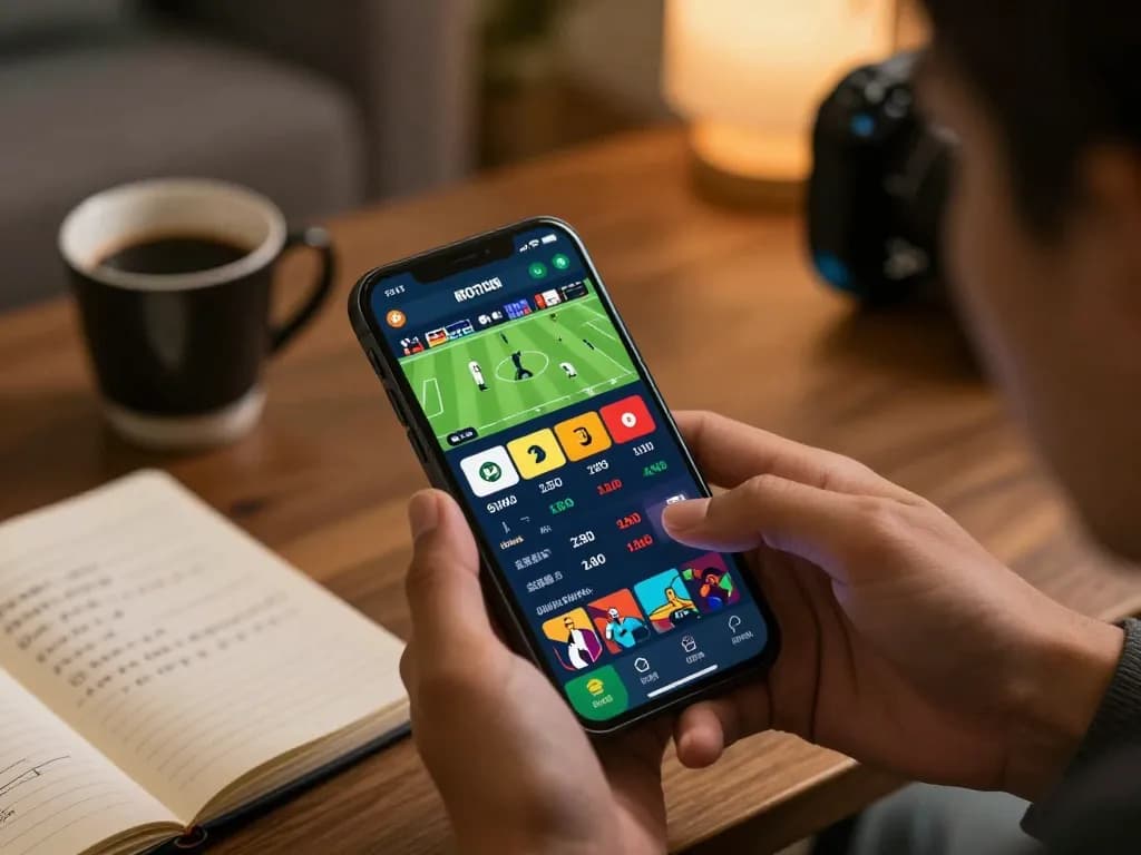 Engaging with tỷ lệ kèo nhà cái on a smartphone showing live betting options in a cozy environment