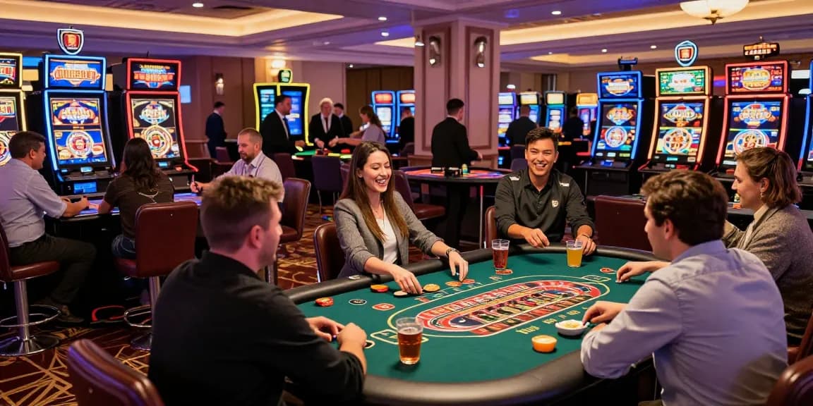 Players enjoying a thrilling casino experience at 28bet with vibrant lights and lively atmosphere.