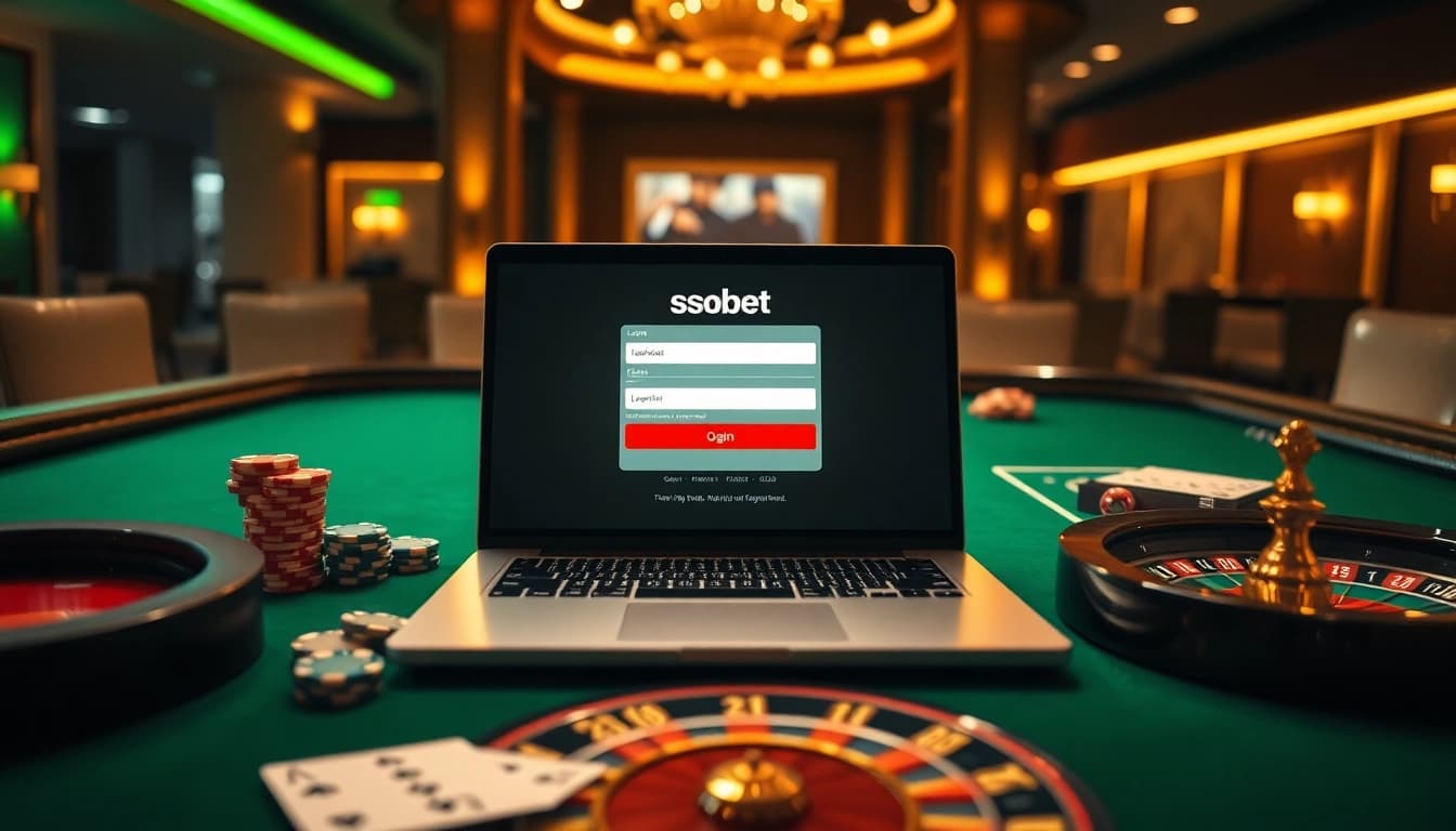 Sbobet login Indonesia interface showcased on a sleek laptop surrounded by dynamic gambling elements.