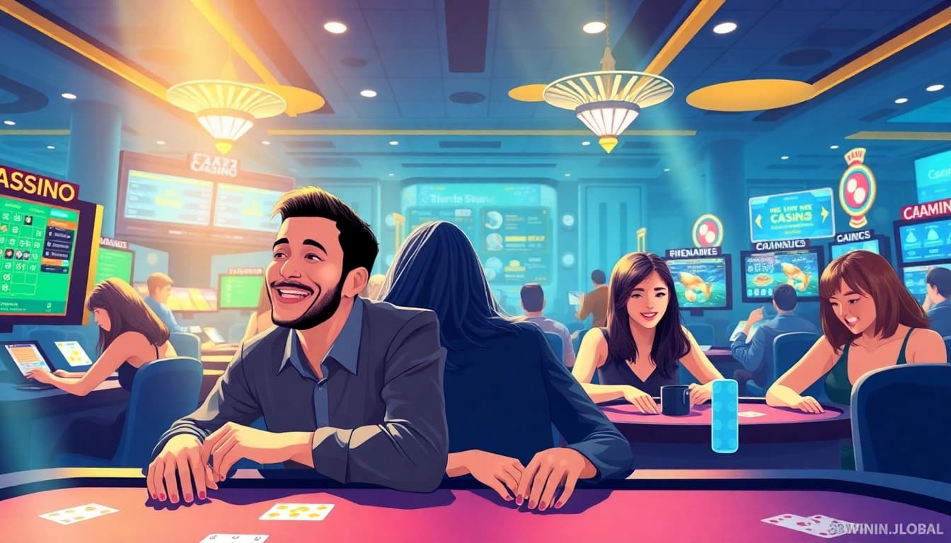 Experience the excitement of online gaming at https://33win.global/ with vibrant casino scenes and happy players.