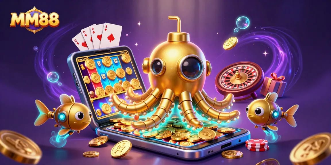 Experience MM88 with a dynamic underwater theme, featuring a golden kraken and slot games.