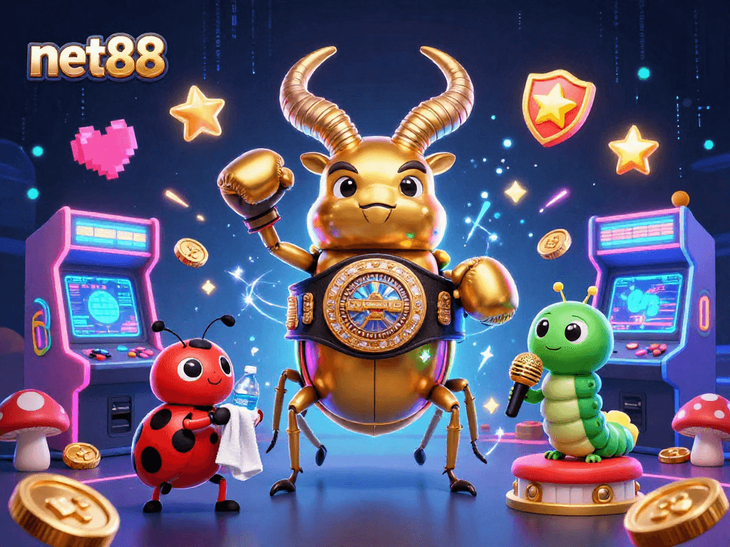 Experience net88 jackpot fun with a vibrant 3D illustration of colorful casino elements.