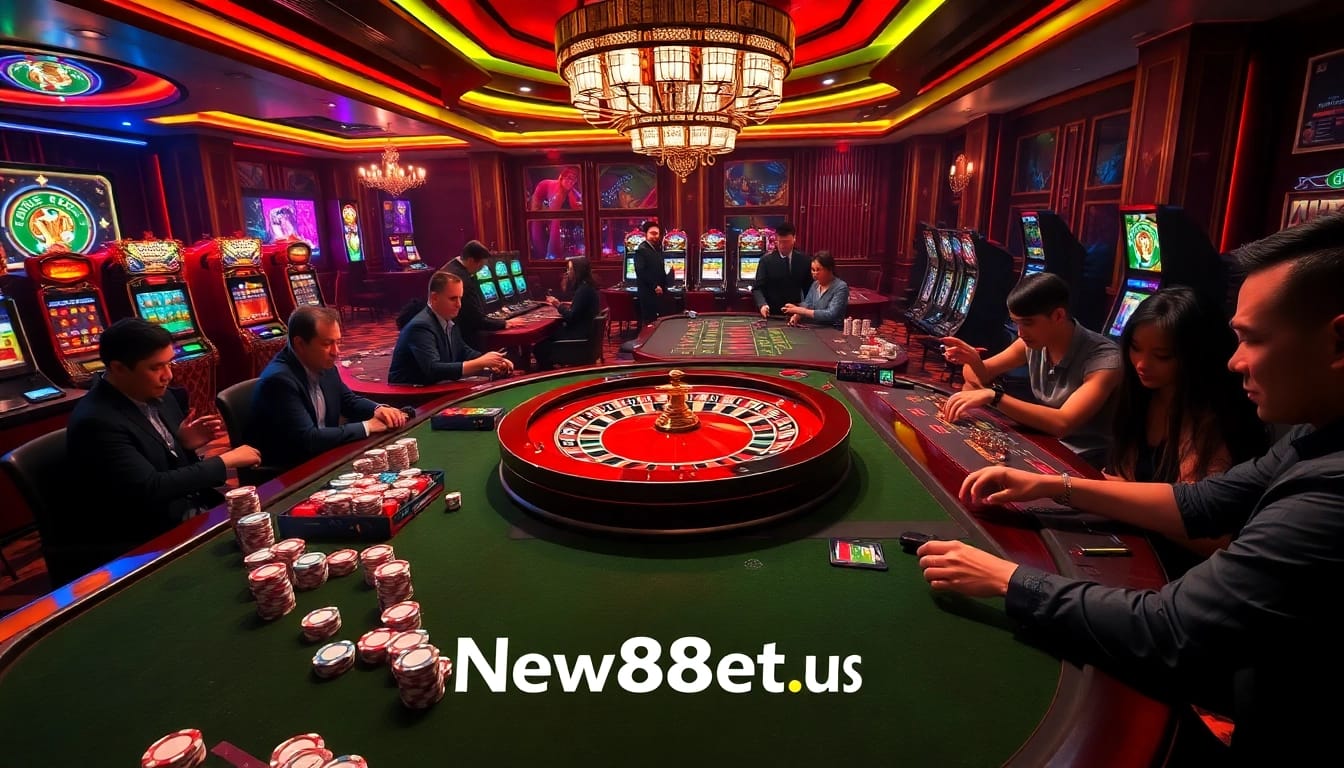 Engage with thrilling games at New88bet.us: luxurious casino atmosphere featuring poker tables and slot machines.