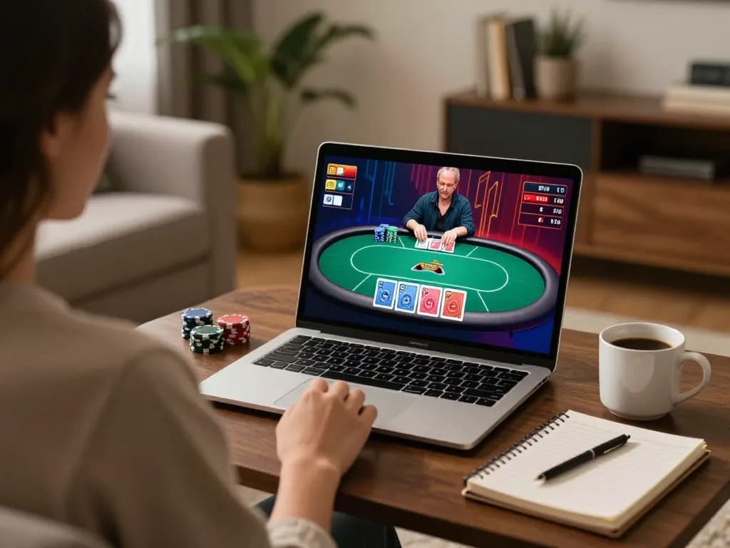 SC88 poker session on laptop at home, showcasing cozy gaming atmosphere with strategic elements.