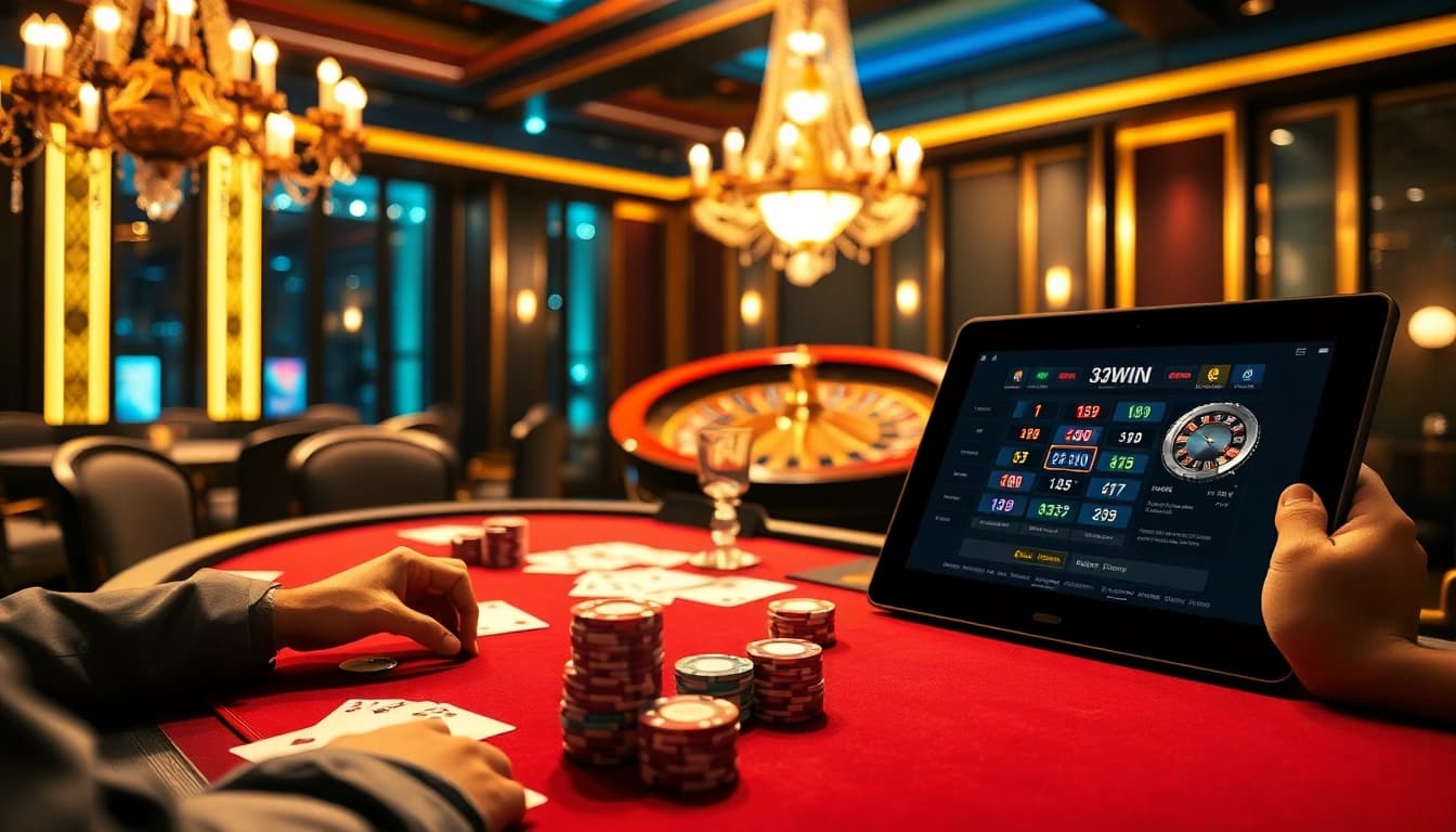 Experience the thrill of 33WIN at a luxurious poker table with vibrant chips and a spinning roulette wheel.