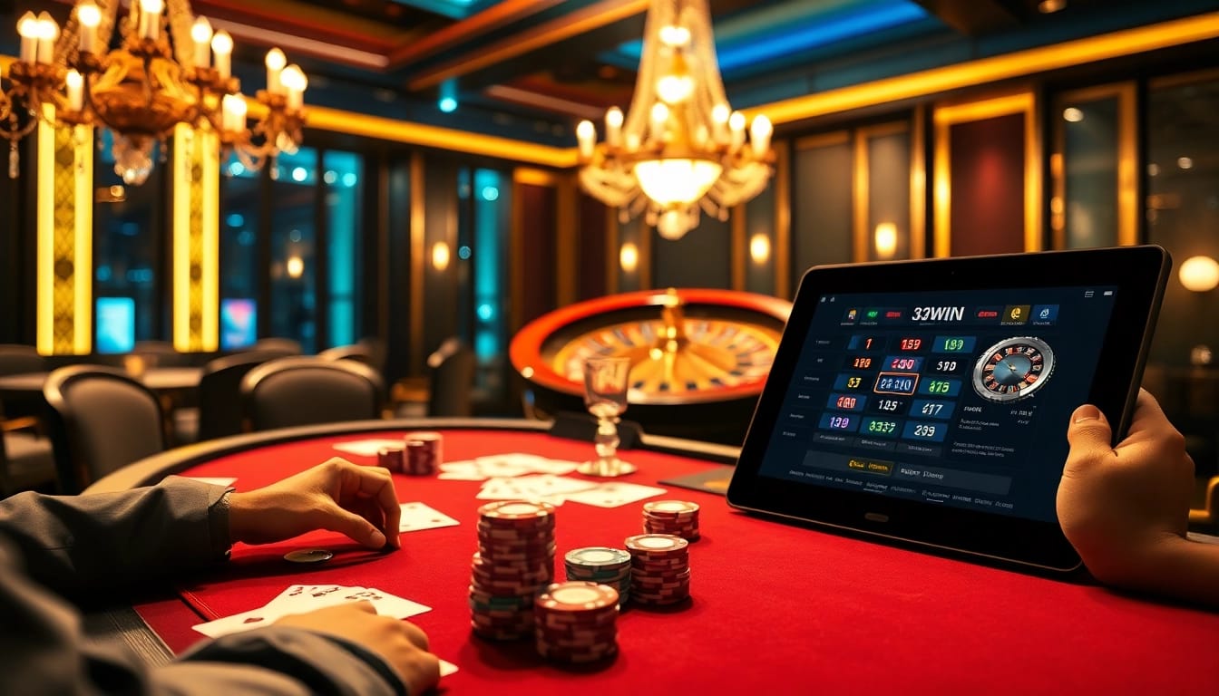 Experience the thrill of 33WIN at a luxurious poker table with vibrant chips and a spinning roulette wheel.