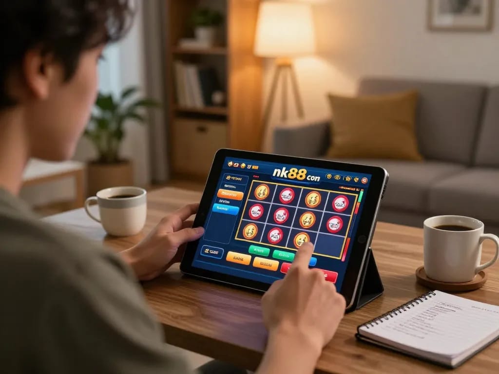 Player engaging with nk88 com on tablet, emphasizing responsible gaming in cozy home setting.