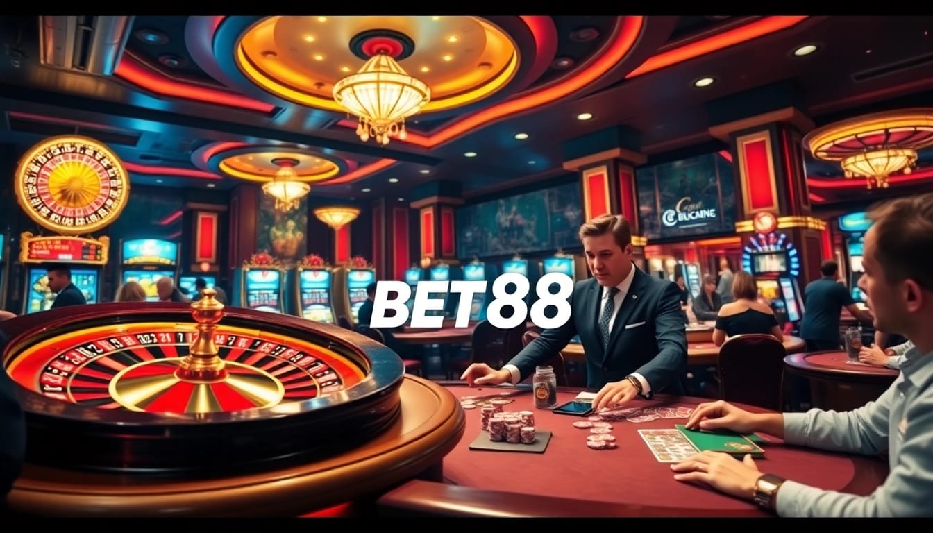 Players enjoying an exciting gambling experience at BET88's luxurious casino.