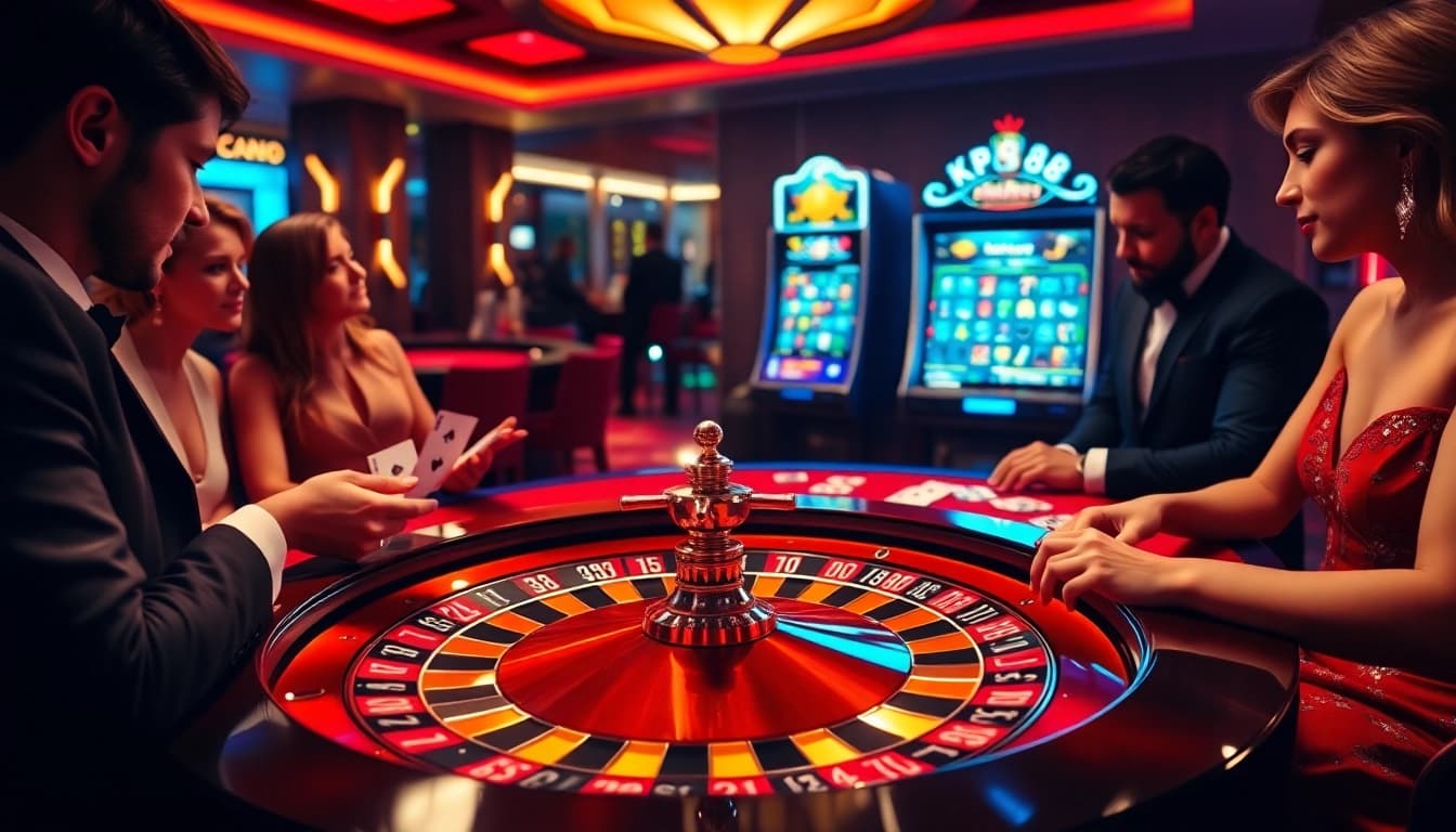 Players enjoying high-stakes poker and roulette at KP88 casino, showcasing luxury and excitement.