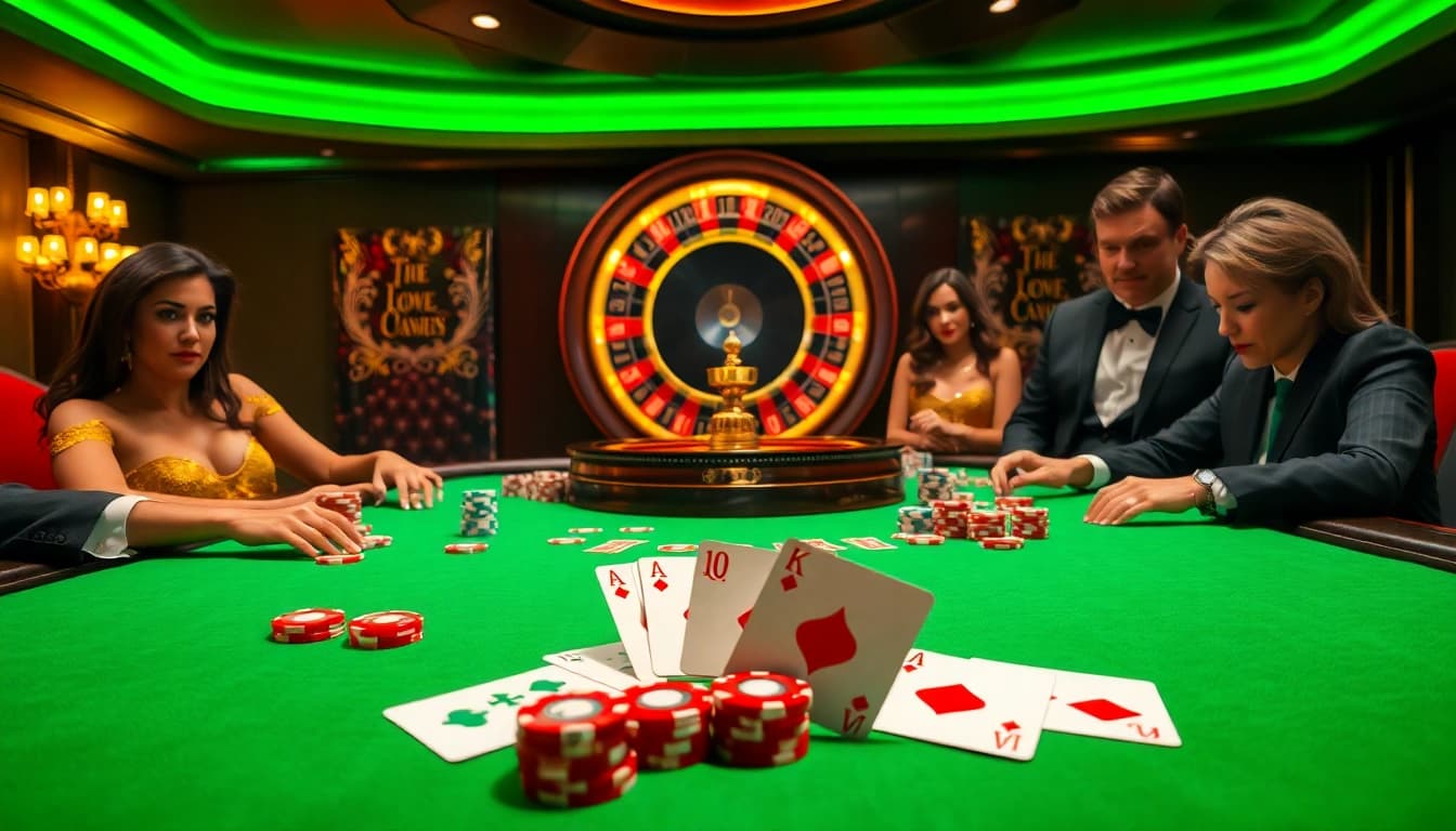 Visual representation of a vibrant LC88 casino scene with poker, roulette, and lively gamblers.